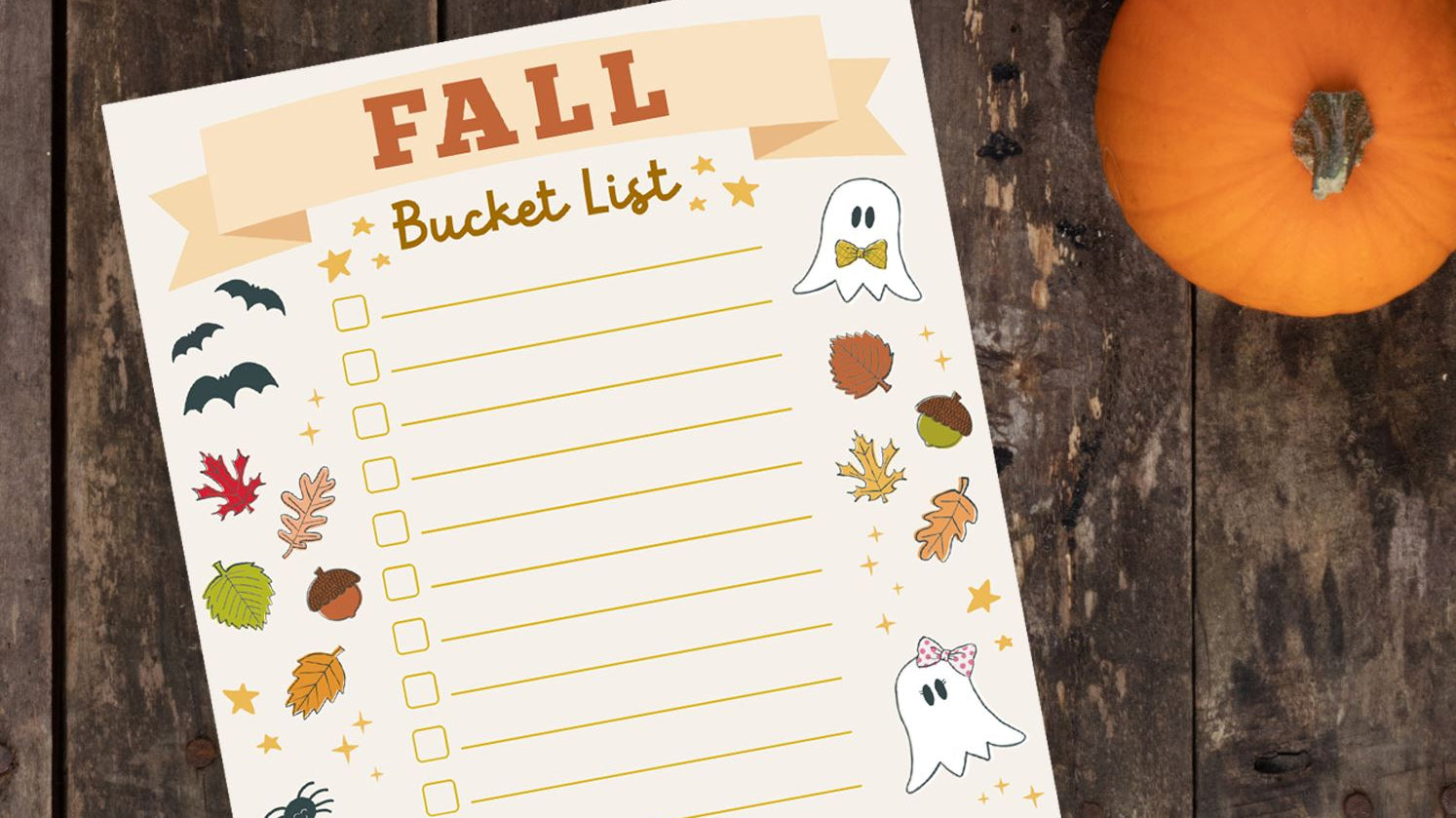 A free printable Fall Bucket List checklist page to fill in the activities you want to complete during the fall season. Decorated with fall and Halloween illustrations of leaves, acorns, bats, spider, pumpkins, and ghosts hand drawn by Lisa Petrillo