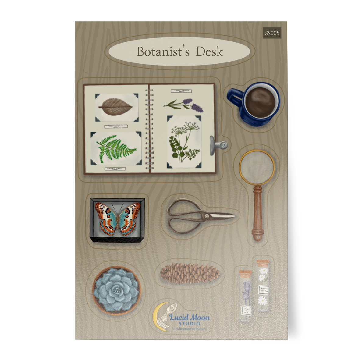 Vinyl sticker sheet, 'Botanist's Desk' with illustrations of a book, coffee cup, magnifying glass, plant scrapbook, butterfly specimen, and other items on a wooden surface.