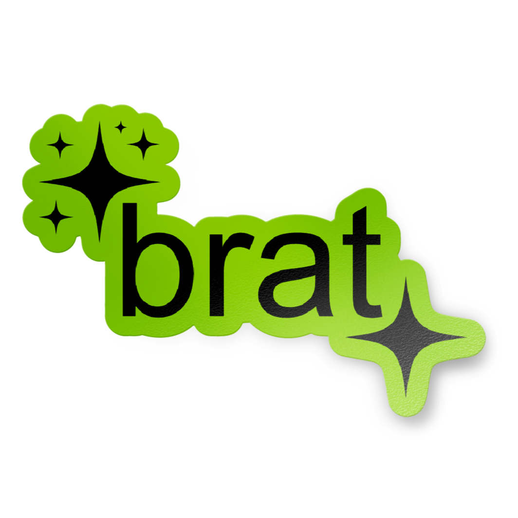 Vinyl sticker with the word BRAT and stars around it in black with a bright green background.