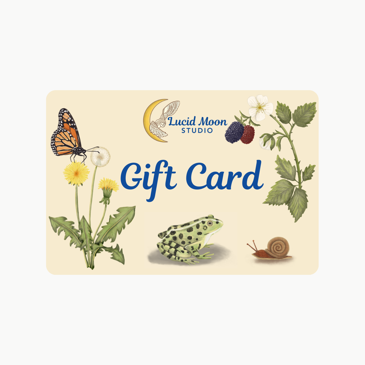 Gift card with nature-themed design featuring a butterfly, flower, frog, and snail on a beige background.