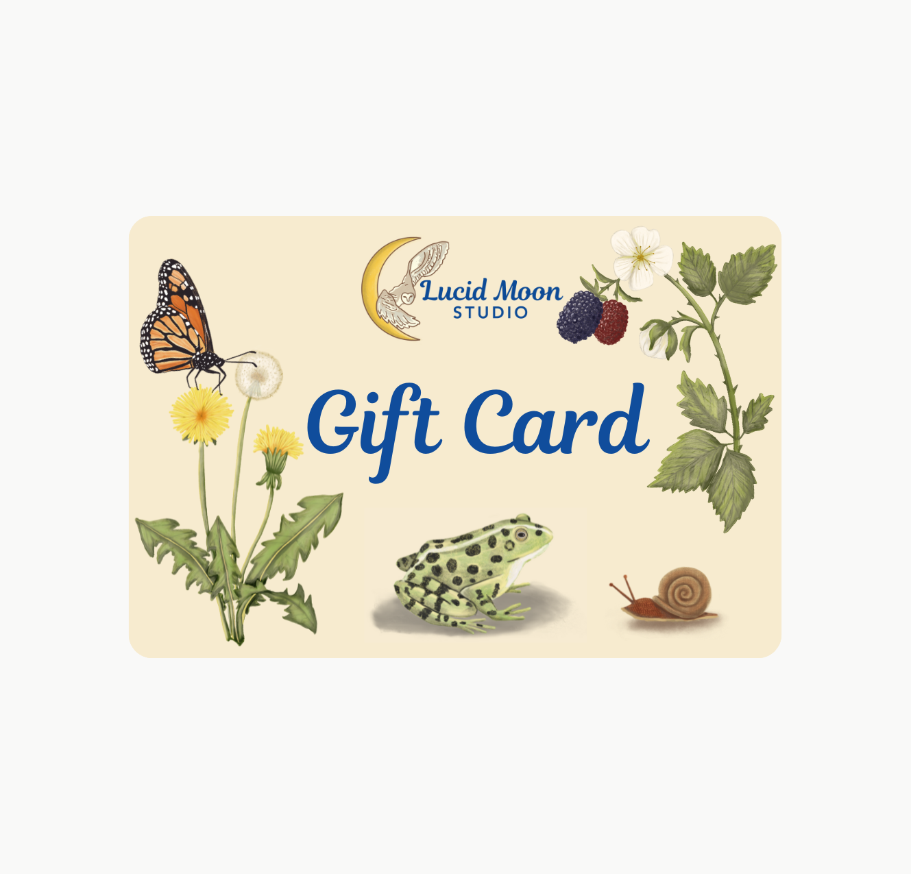 Gift card with nature-themed design featuring a butterfly, flower, frog, and snail on a beige background.