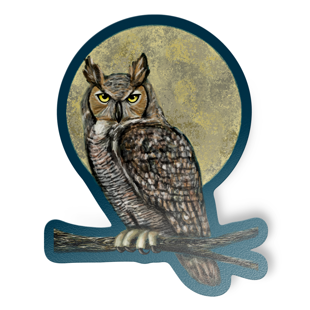 Painted illustration of a great horned owl on a branch with a full moon in the background