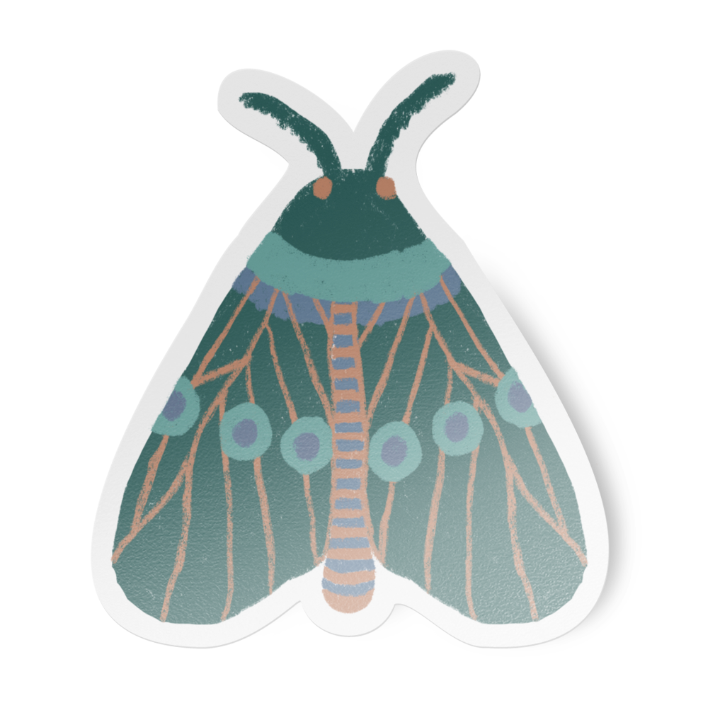 Illustration of a teal, purple, and peach moth on a white background