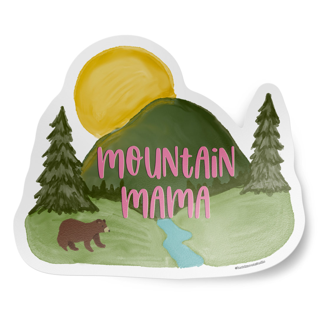 Sticker with mountain, sun, trees, bear, and 'Mountain Mama' text on a white background