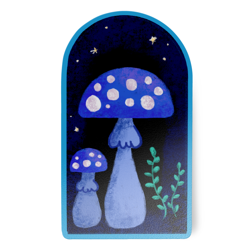 Two hand-drawn spotted blue mushrooms with a green plant under the dark blue night sky