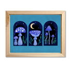 Framed artwork of mushrooms under a moonlit sky on a blue background