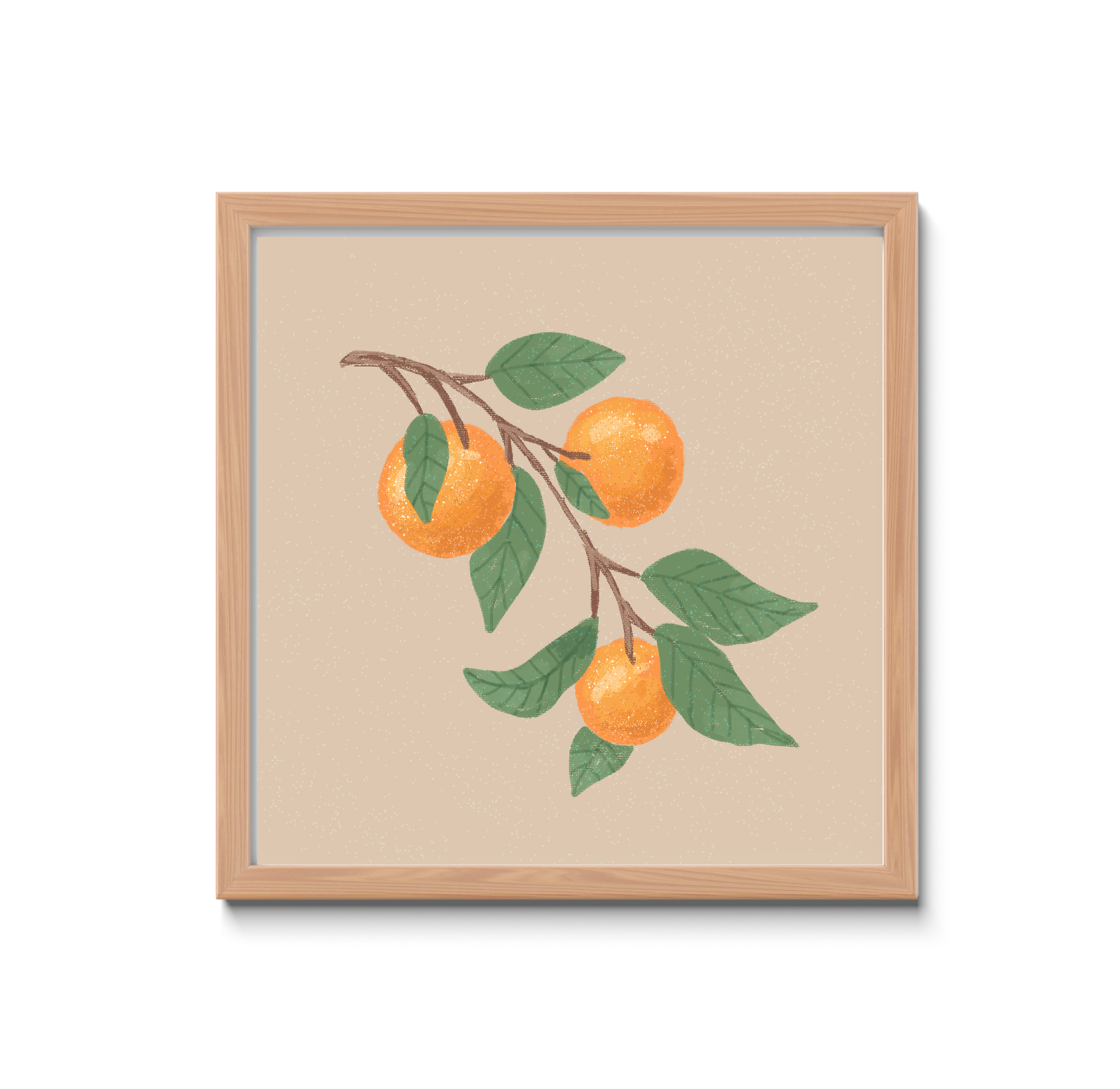 Framed artwork of oranges on a branch with leaves on a beige background
