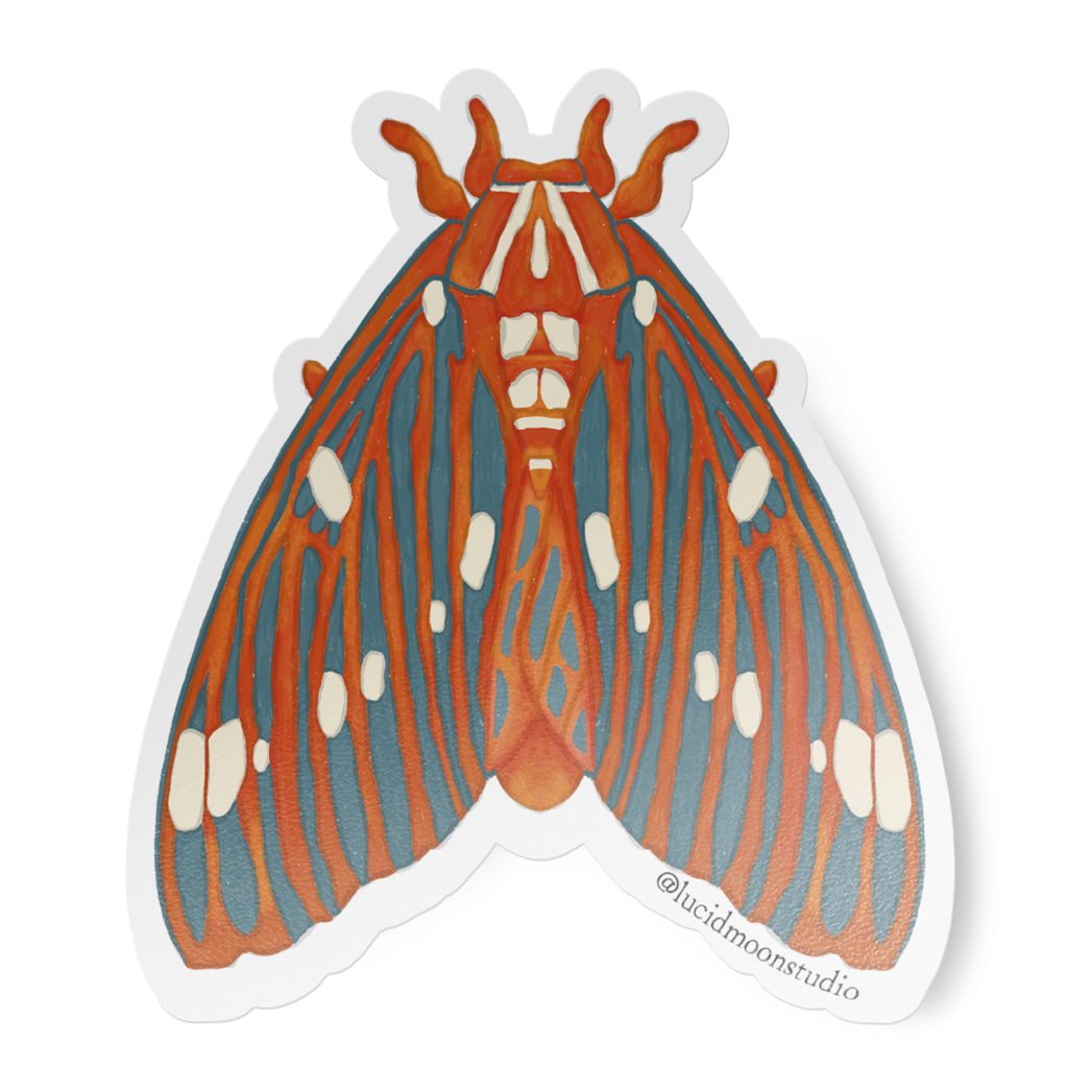 Sticker of a regal moth with orange and grey wings on a white background