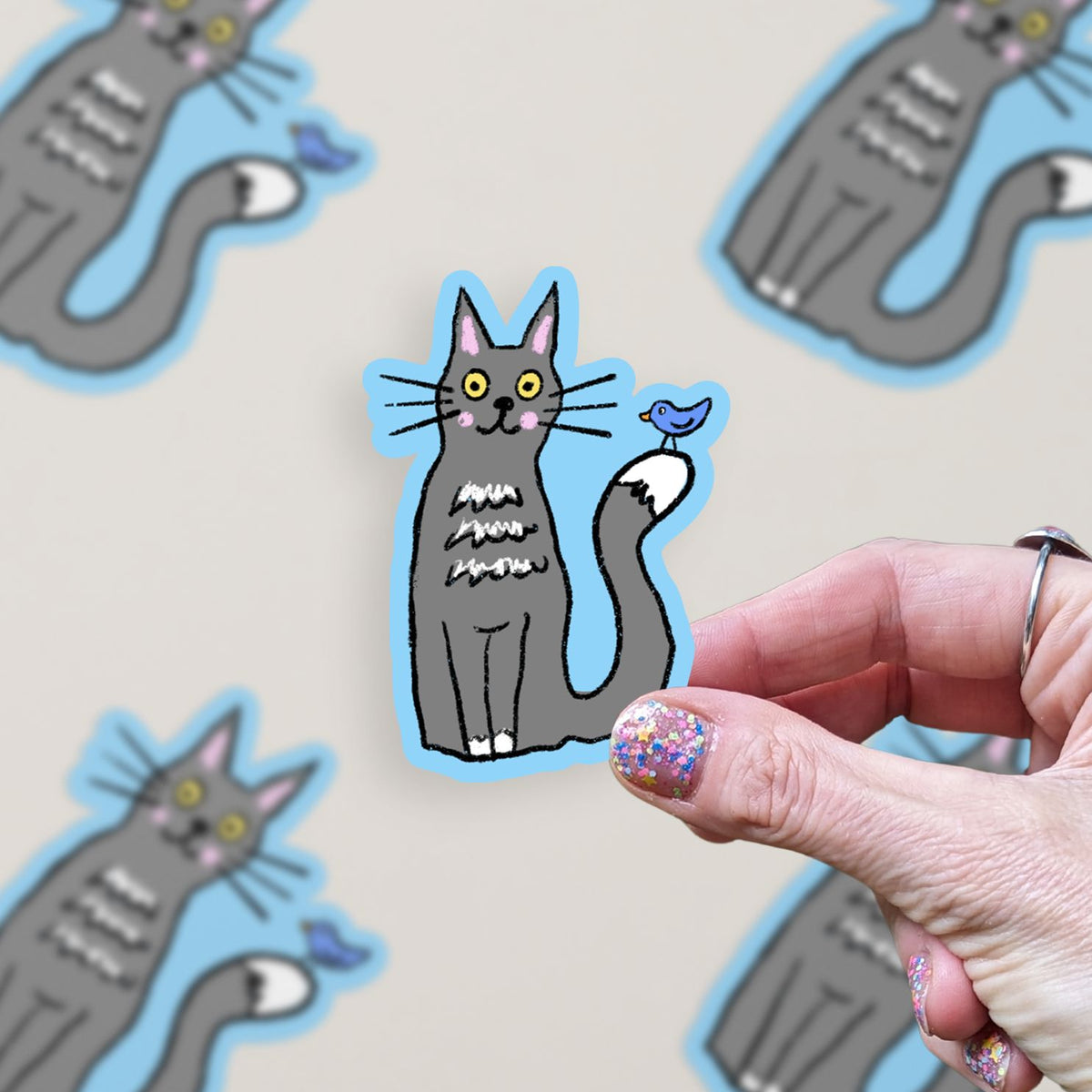 Doodle Cat & Bird Vinyl Sticker stickers Lucid Moon Studio