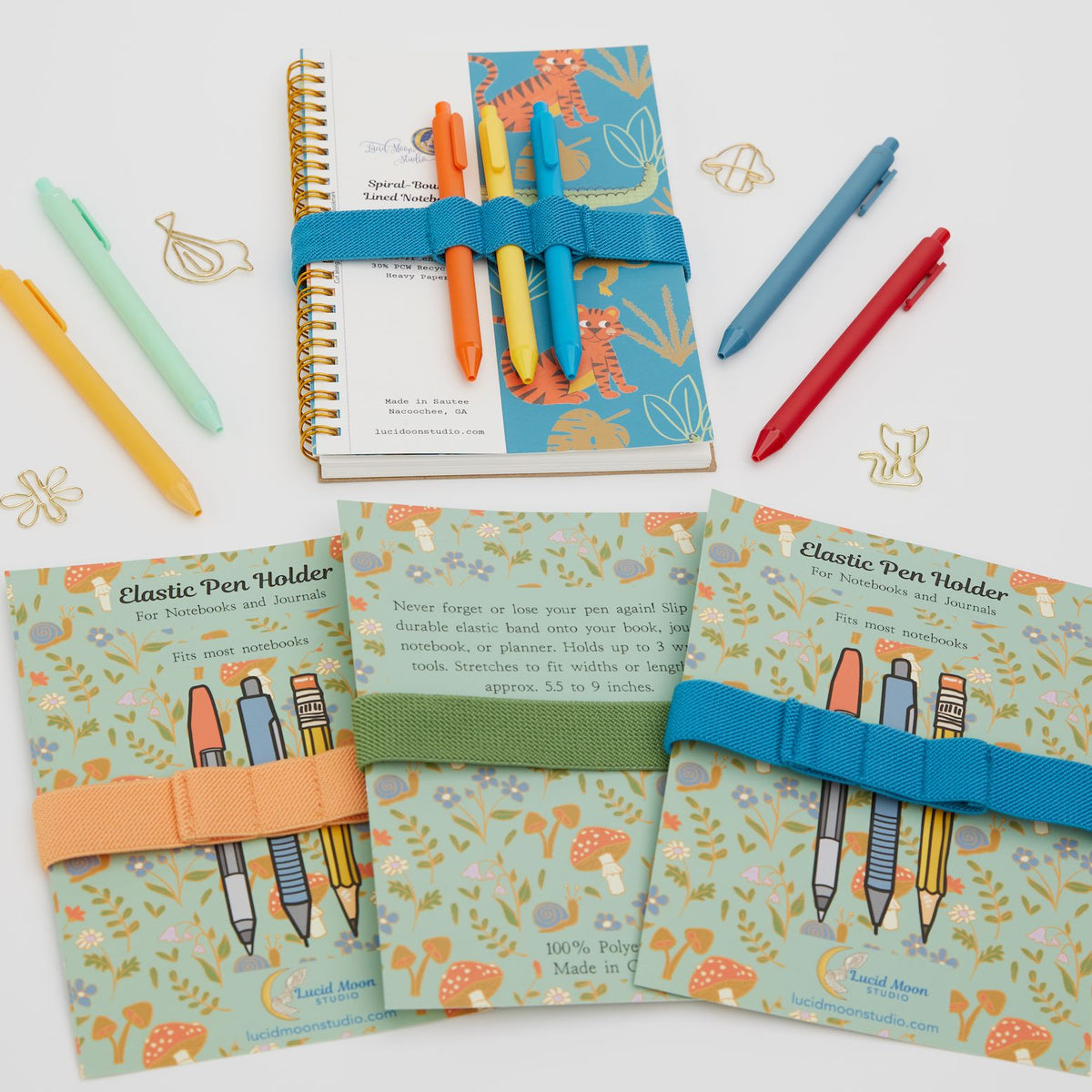 Green Elastic Pen Holder for Notebooks (Fits up to 3 Pens) Book Pen Holder Lucid Moon Studio