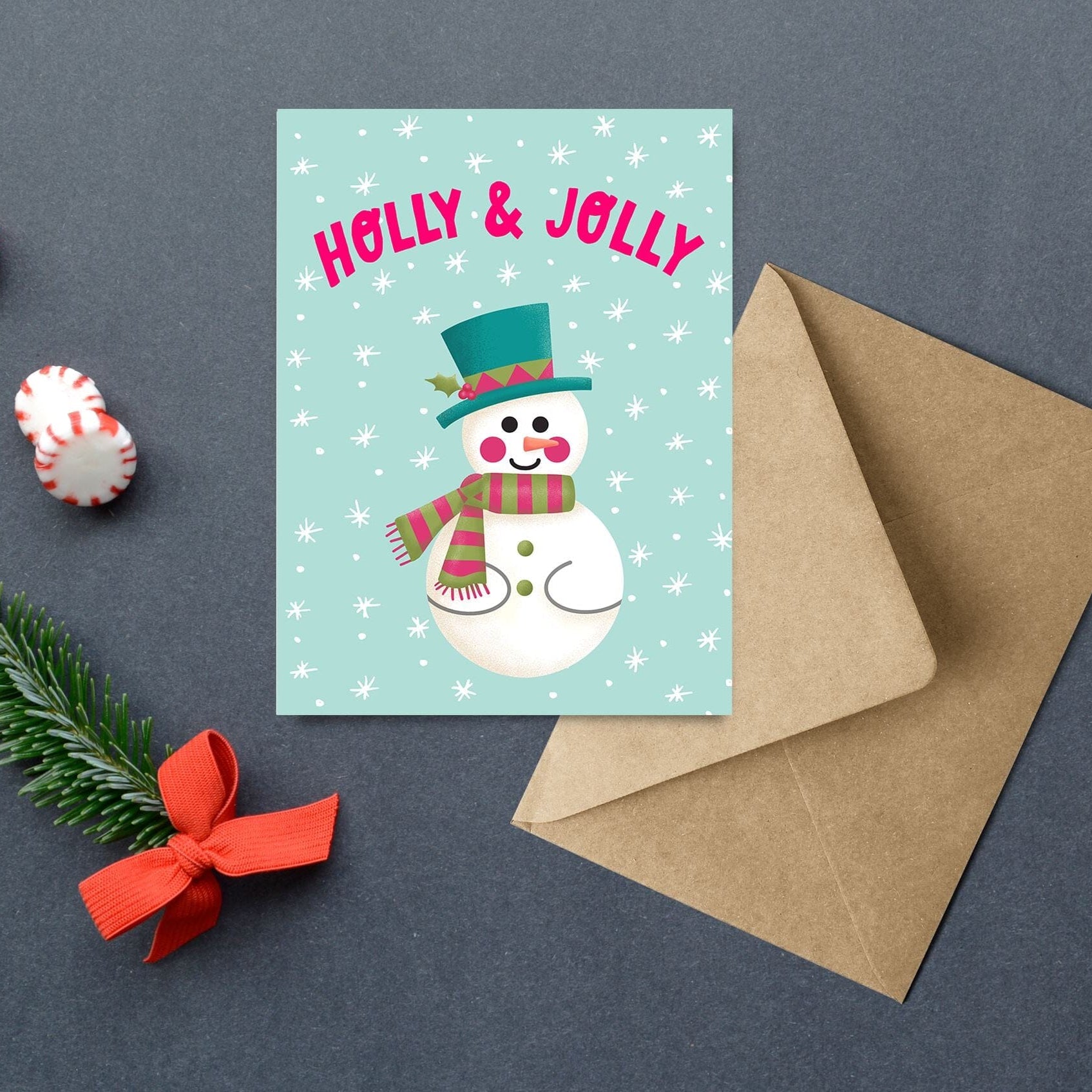 Holly & Jolly Snowman Holiday Card Greeting Cards Lucid Moon Studio