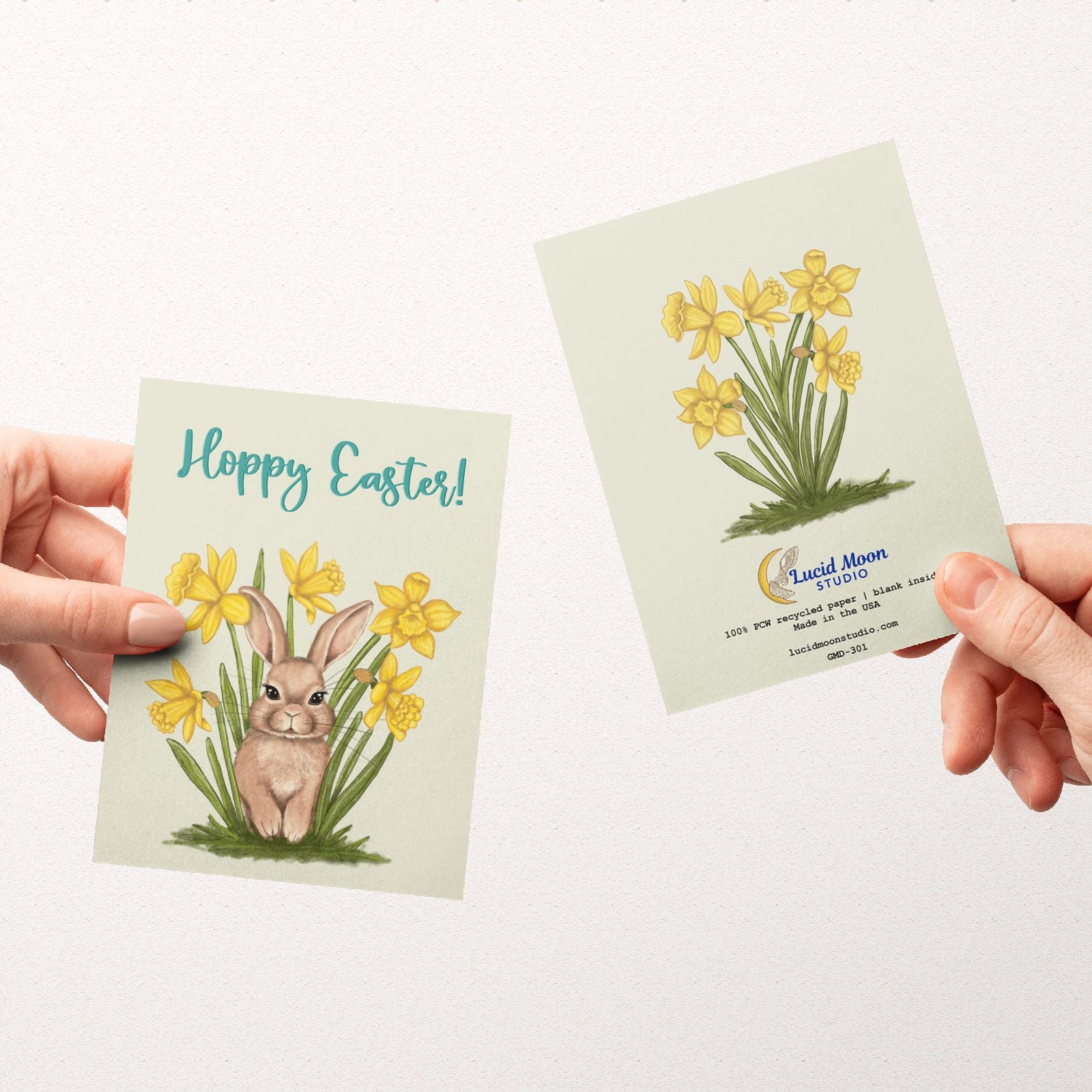 Hoppy Easter Bunny in Daffodils Card Greeting Cards Lucid Moon Studio