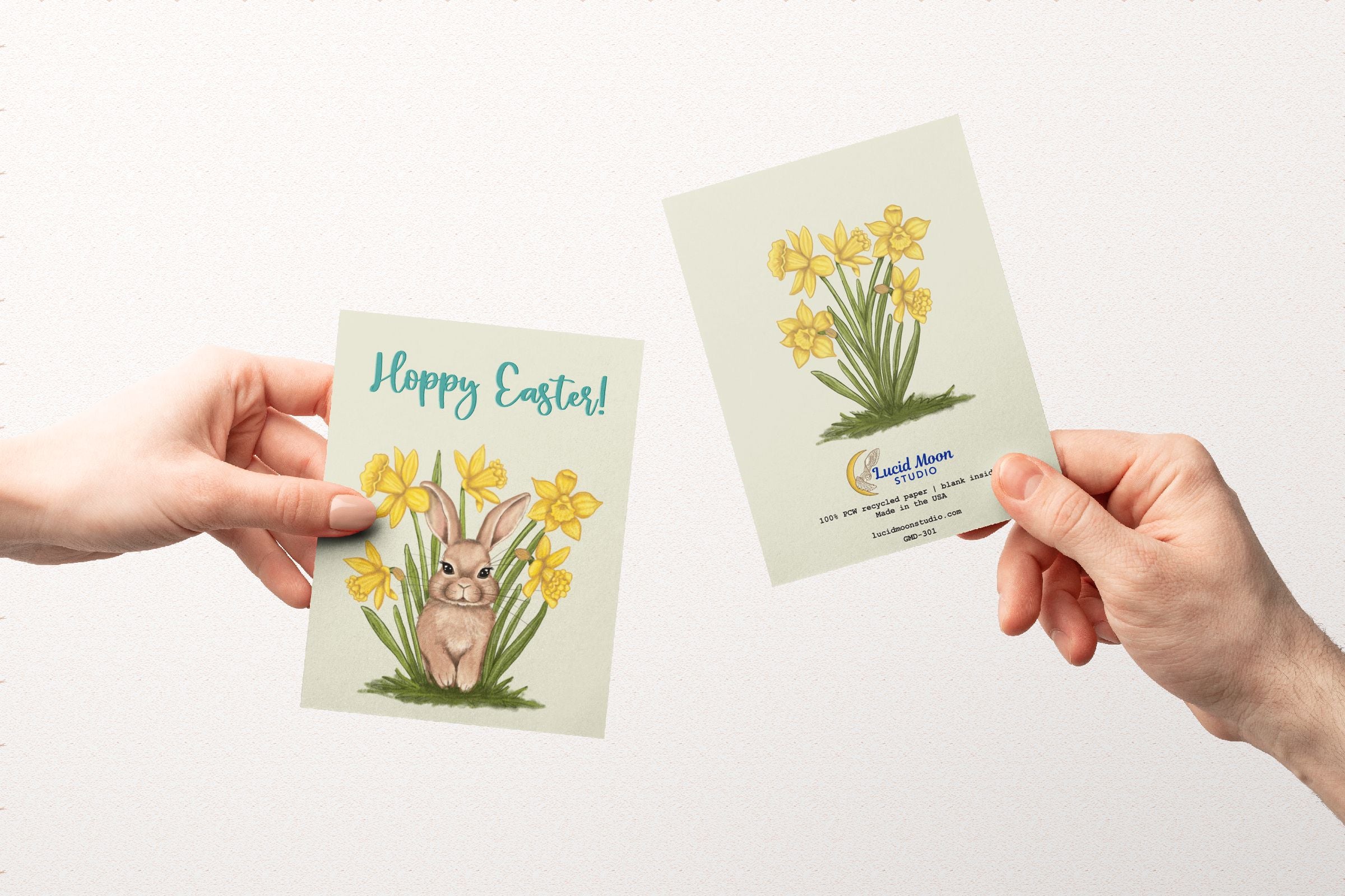 Hoppy Easter Bunny in Daffodils Card Greeting Cards Lucid Moon Studio
