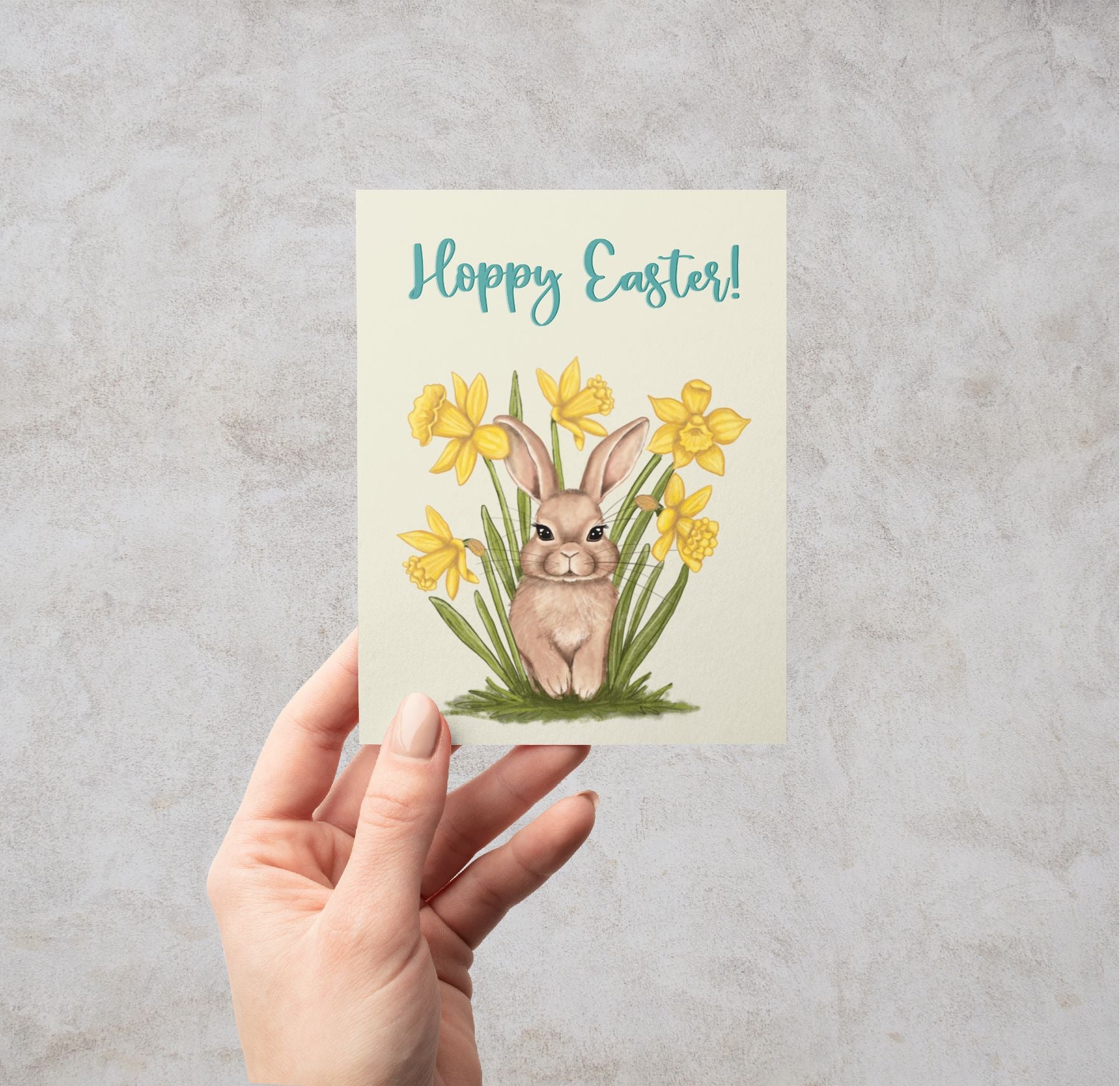 Hoppy Easter Bunny in Daffodils Card Greeting Cards Lucid Moon Studio