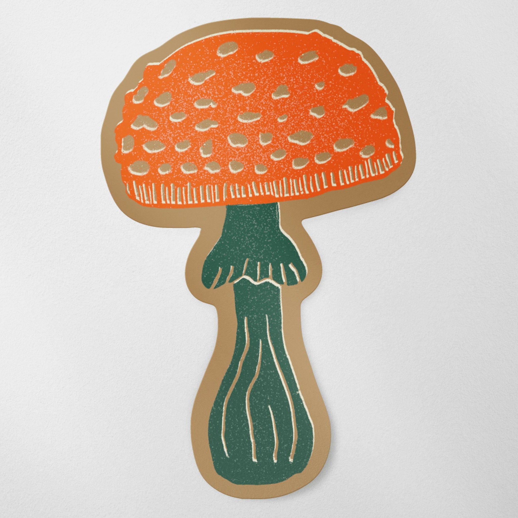 Linocut Mushroom Matte Vinyl Sticker stickers Lucid Moon Studio Orange and green mushroom brown background 