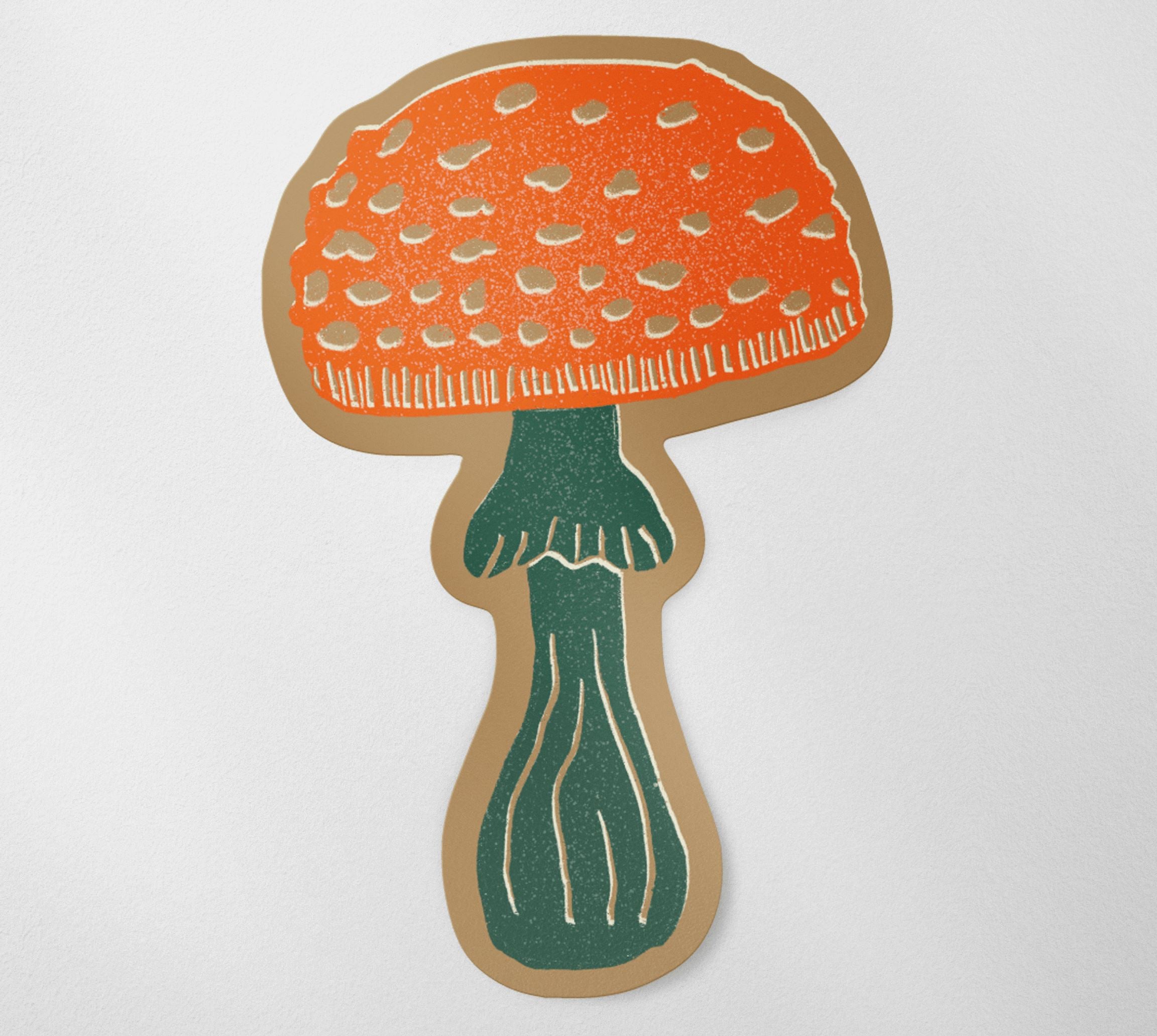 Linocut Mushroom Matte Vinyl Sticker stickers Lucid Moon Studio Orange and green mushroom brown background 