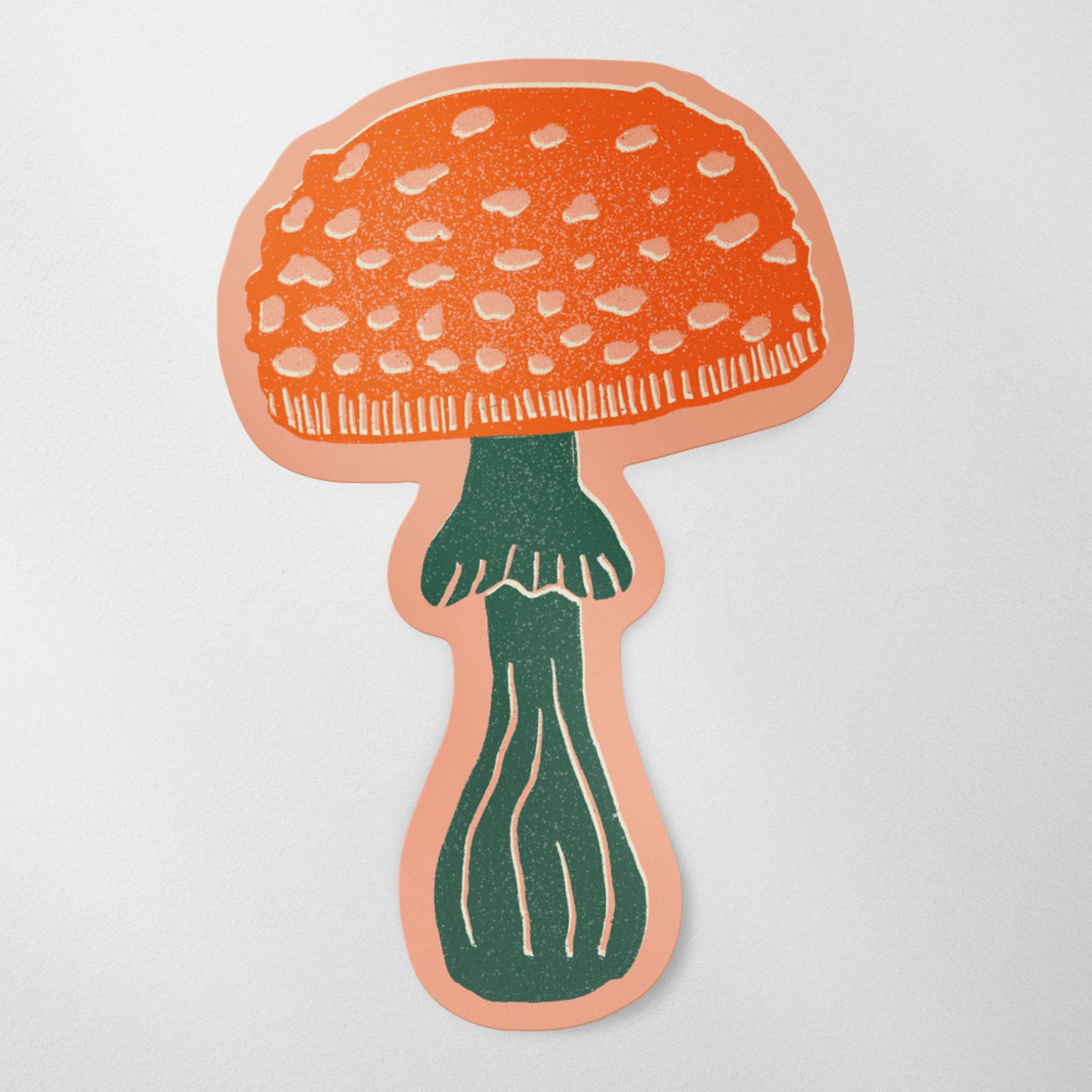 Linocut Mushroom Matte Vinyl Sticker stickers Lucid Moon Studio Orange and green mushroom light orange background 