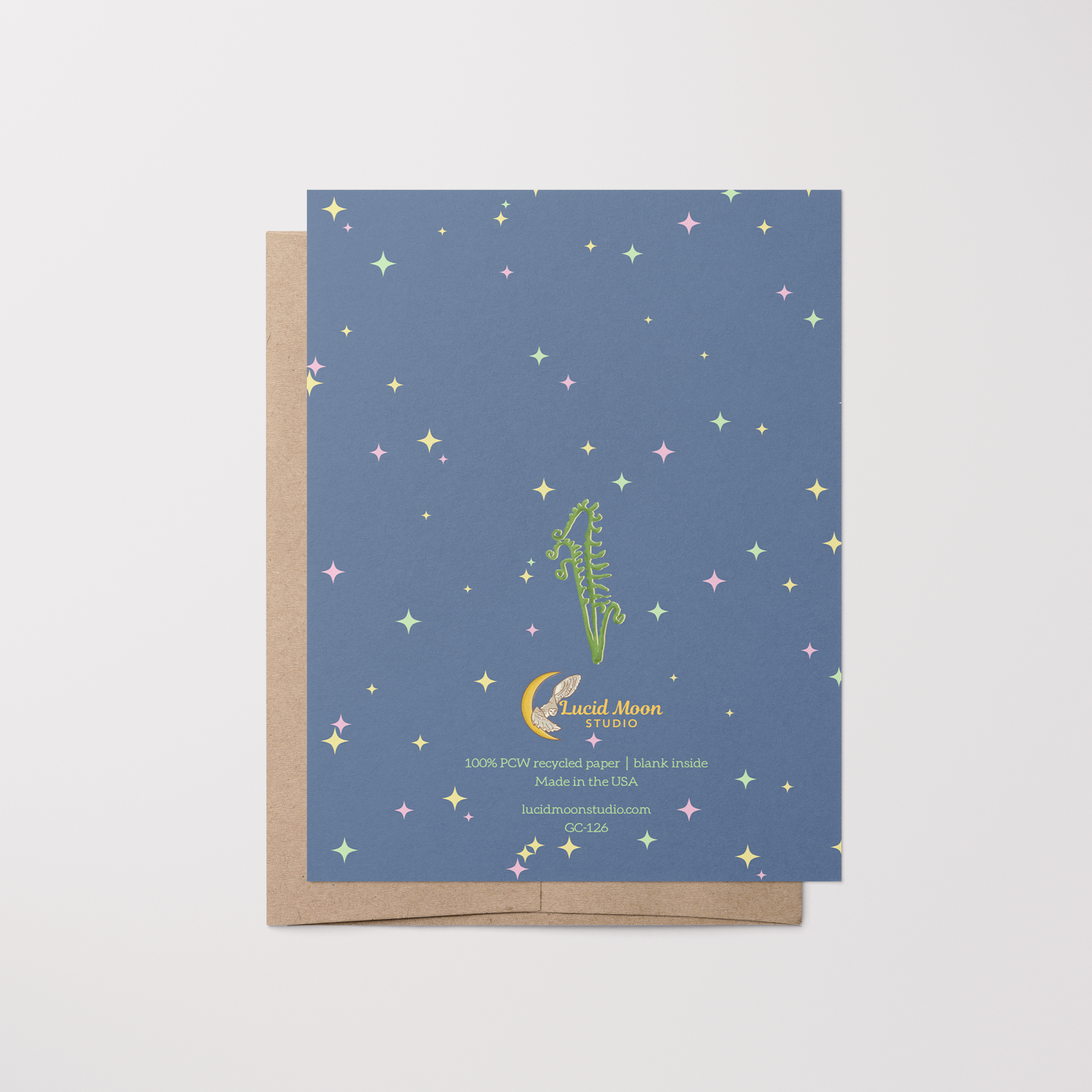 Back of the greeting card with a blue background and colored stars, a fern frond, and brand logo.