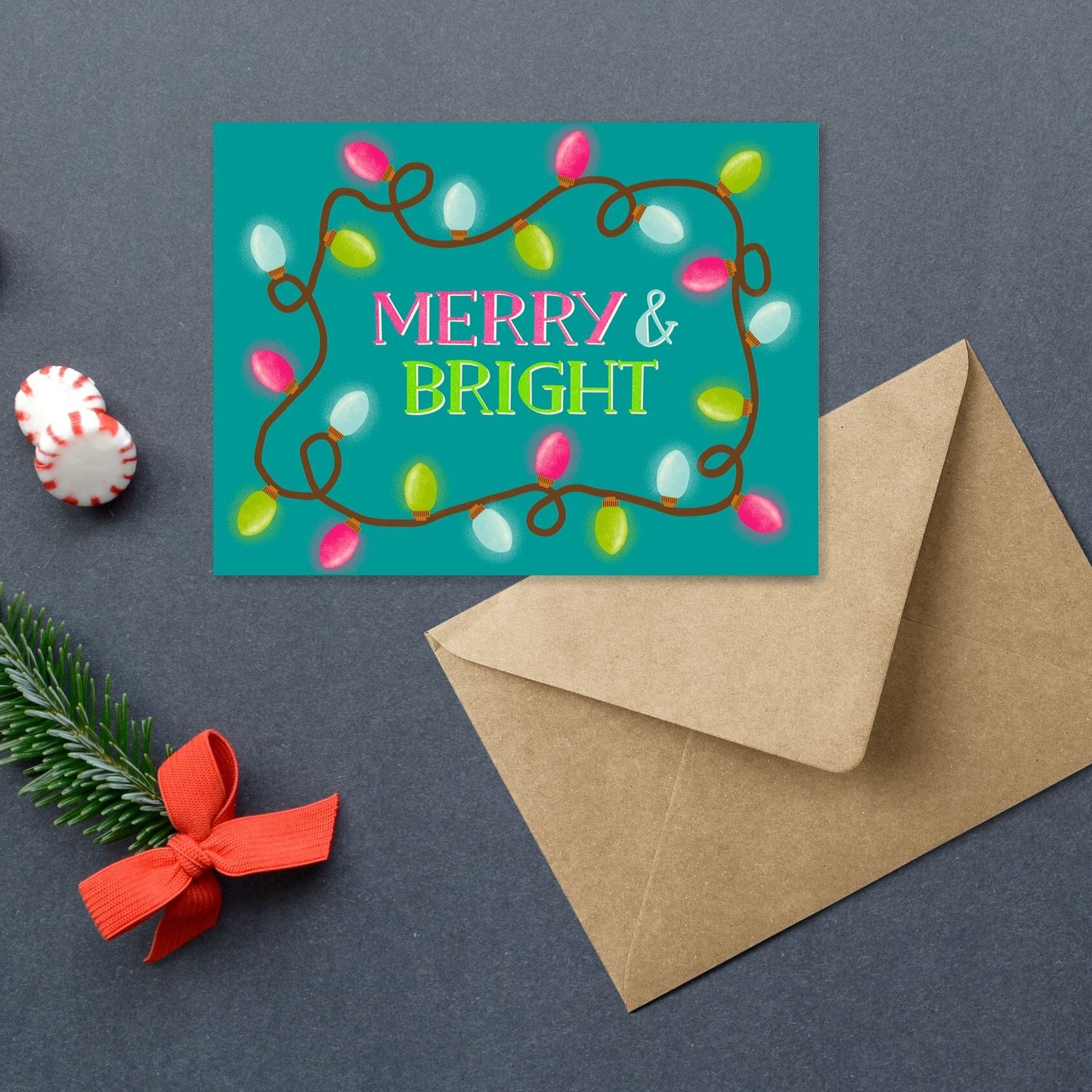 Merry and Bright Christmas Lights Greeting Card Greeting Cards Lucid Moon Studio