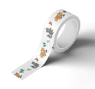 A roll of Japanese rice paper adhesive tape adorned with brown and gray raccoons and colorful butterflies on a white background.