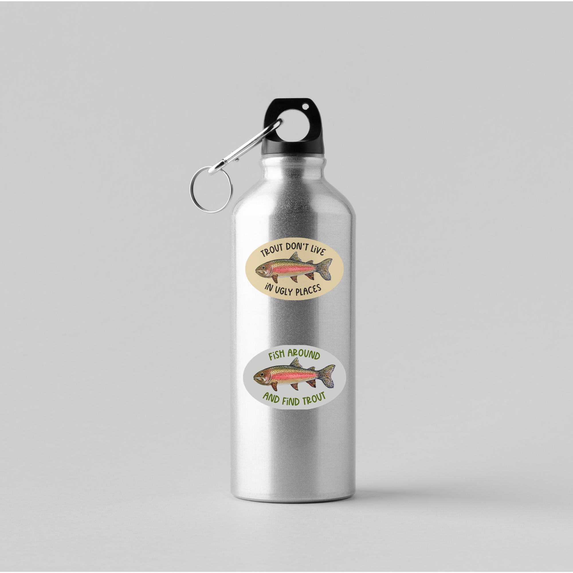 Silver water bottle with fishing-themed labels on a light gray background