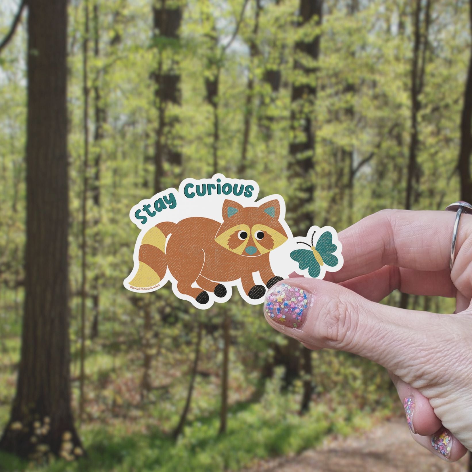 Stay Curious Raccoon Vinyl Sticker stickers Lucid Moon Studio LLC