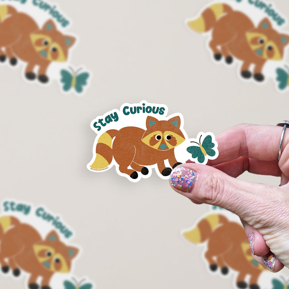 Stay Curious Raccoon Vinyl Sticker stickers Lucid Moon Studio LLC