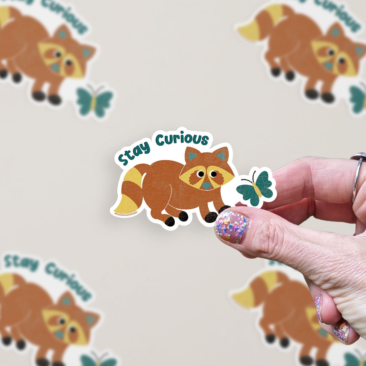 Stay Curious Raccoon Vinyl Sticker stickers Lucid Moon Studio LLC