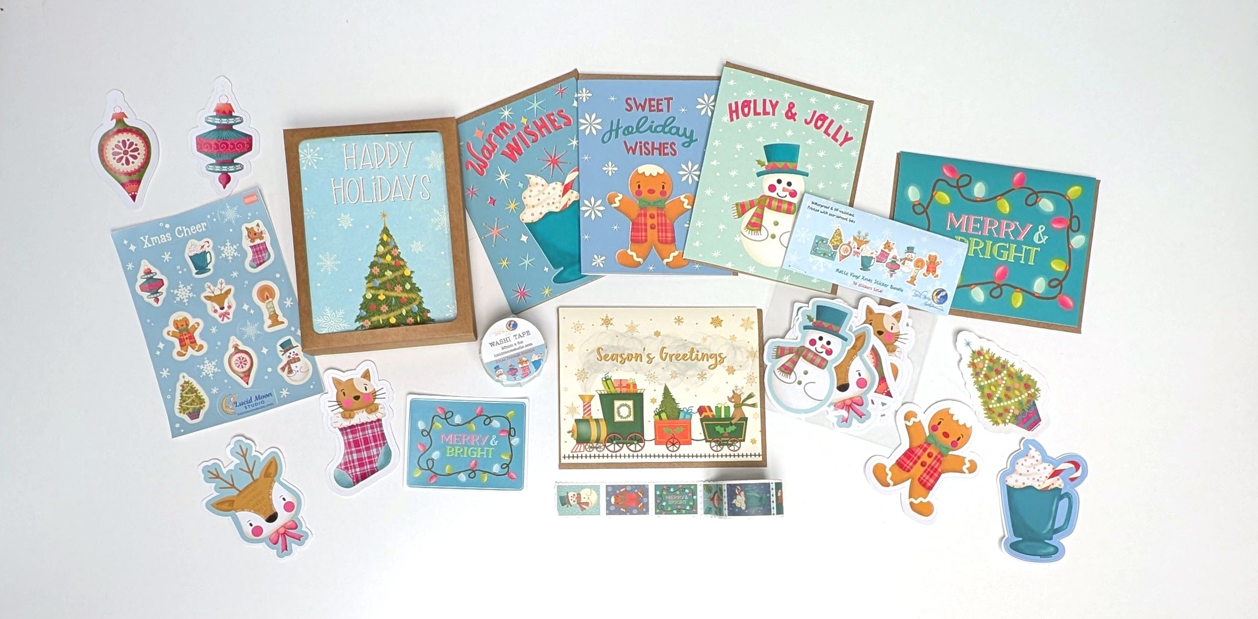 A large selection of holiday Christmas products including greeting cards, stickers, Xmas washi tape, and more!