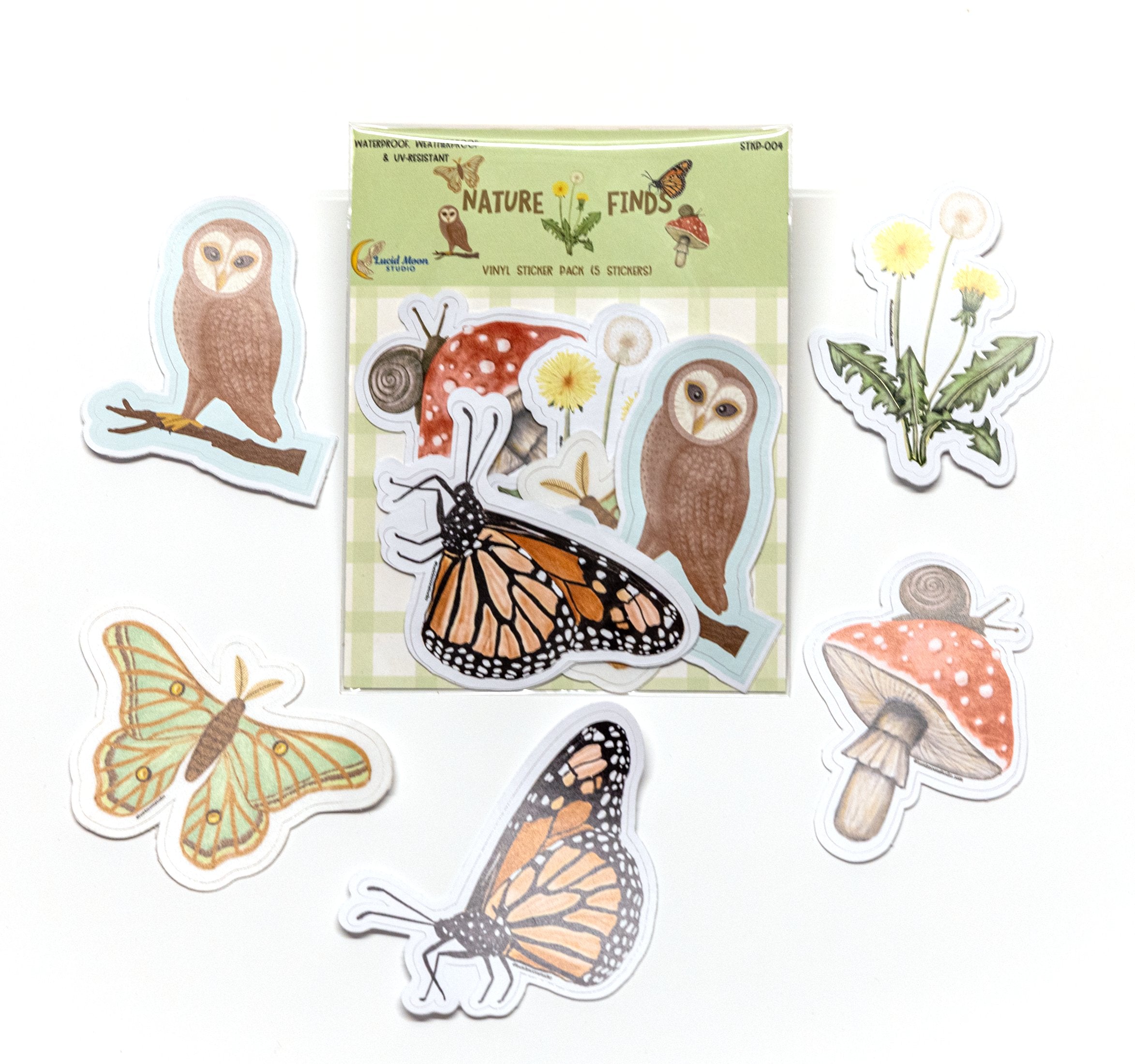 A photo of 2 Wild Adventures sticker bundle packs, each containing 6 glossy waterproof vinyl sticker designs that include a crocodile, chameleon, monkey, toucan, lion, and tiger packaged in a clear PLA certified compostable bag with cardstock label.