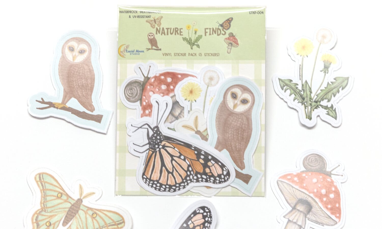 A photo of 2 Wild Adventures sticker bundle packs, each containing 6 glossy waterproof vinyl sticker designs that include a crocodile, chameleon, monkey, toucan, lion, and tiger packaged in a clear PLA certified compostable bag with cardstock label.