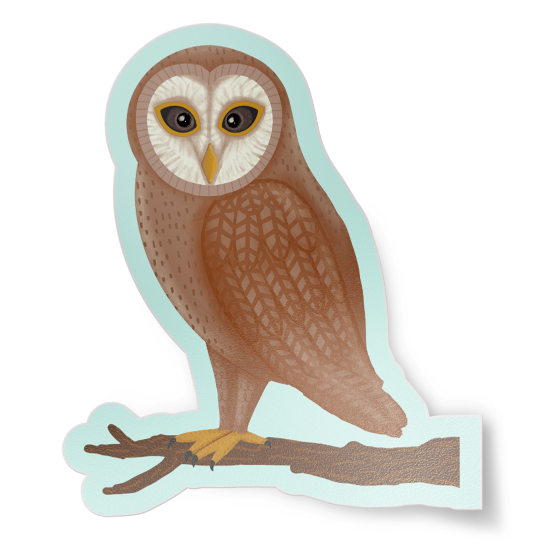 Sticker of an owl on a branch with a light blue border on a white background