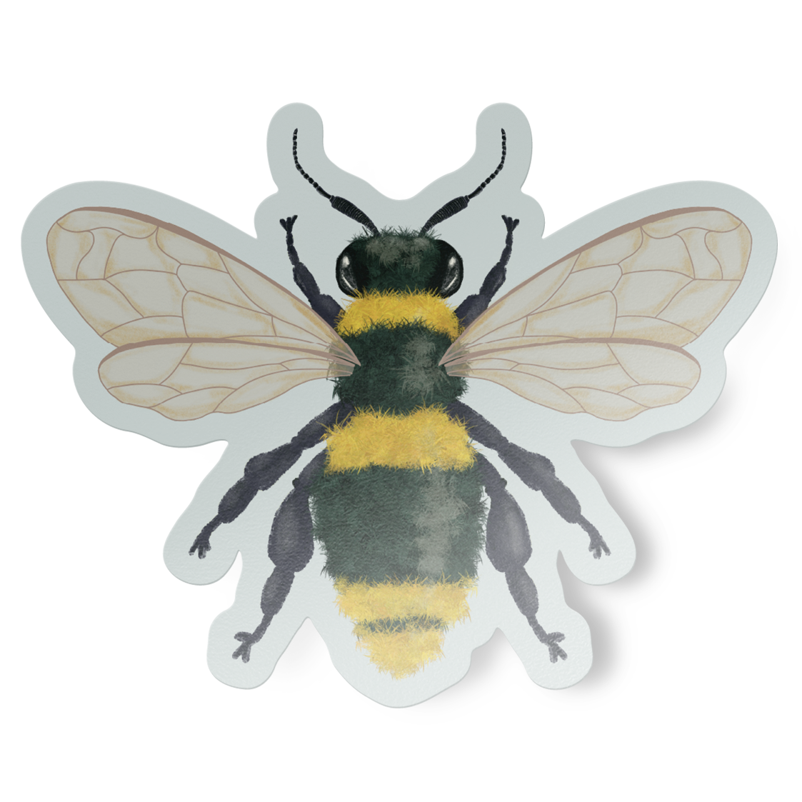 Vinyl sticker featuring a hand-painted illustration of a yellow and black bumble bee on a light blue background