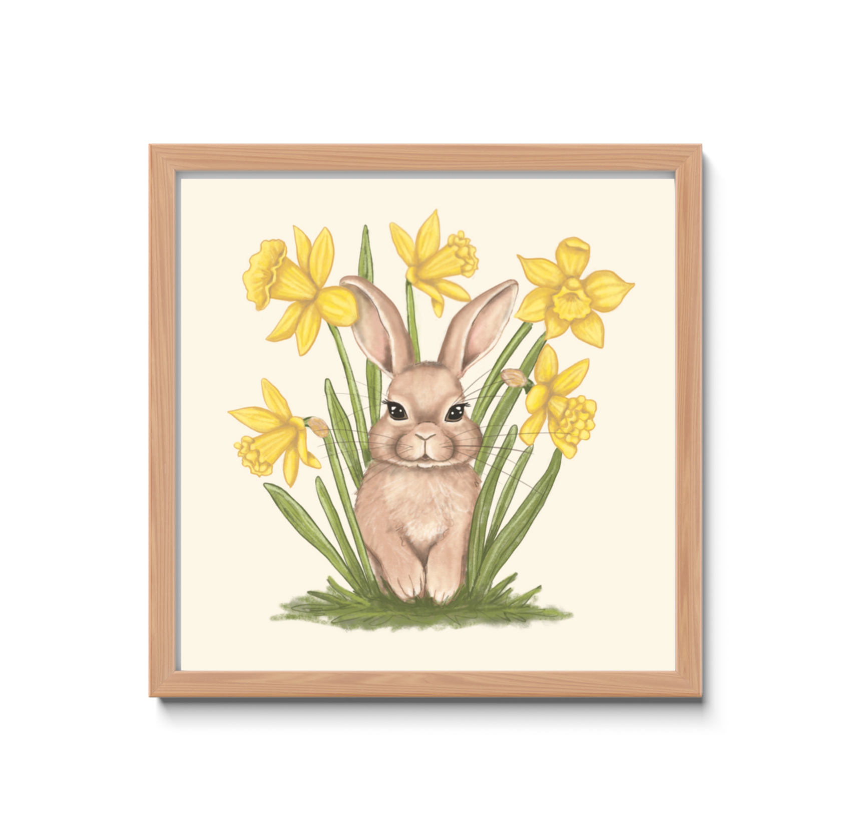 Framed artwork of a rabbit among yellow flowers on a white background