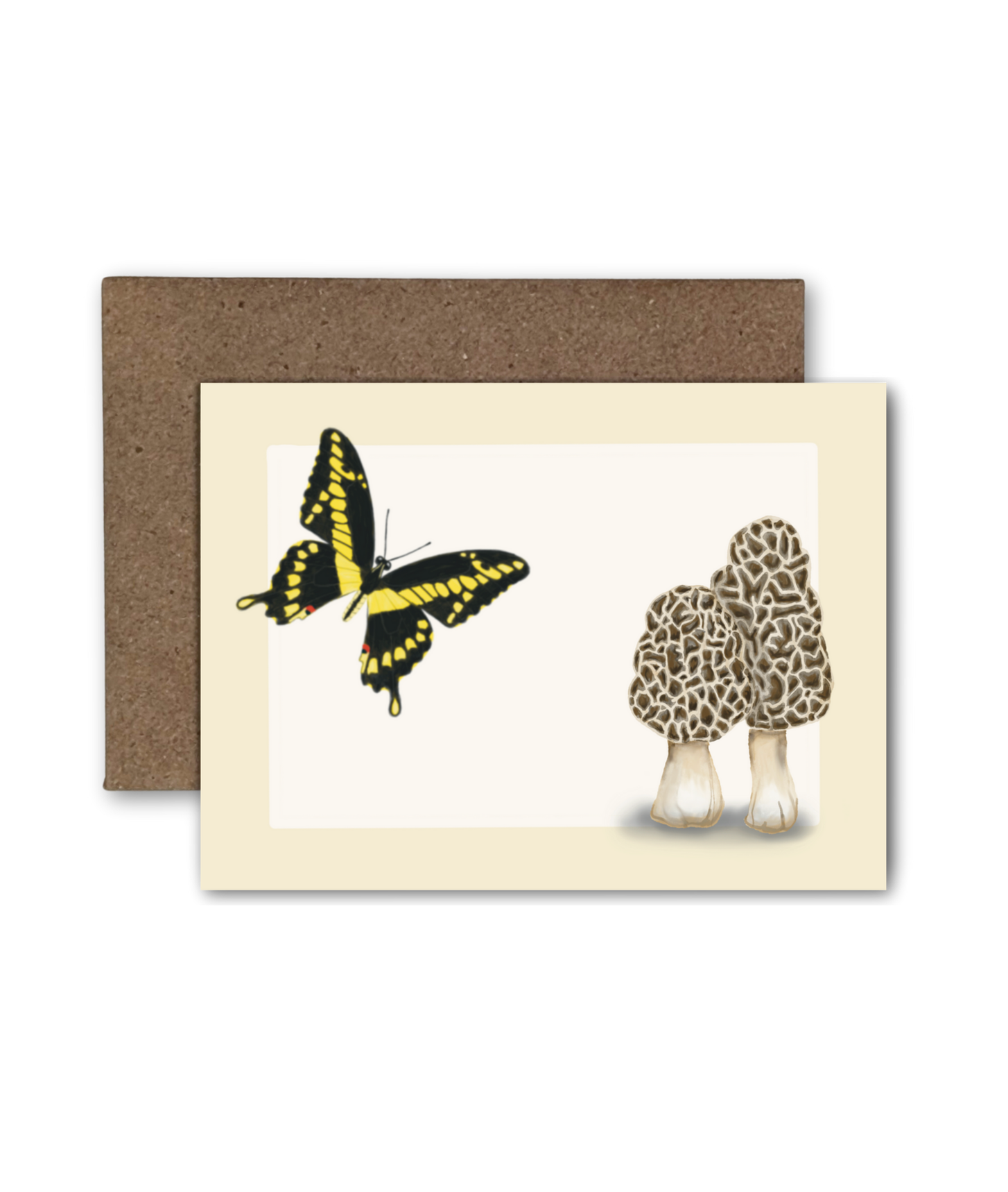 Blank mini card featuring a swallowtail butterfly and morel mushrooms on a white and tan background with a brown kraft envelope.