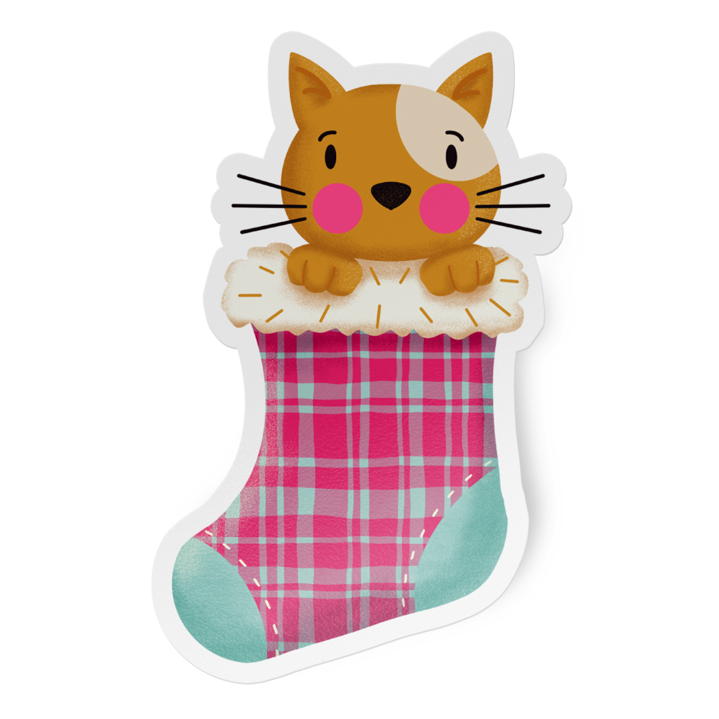 Cartoon cat in a plaid stocking on a white background