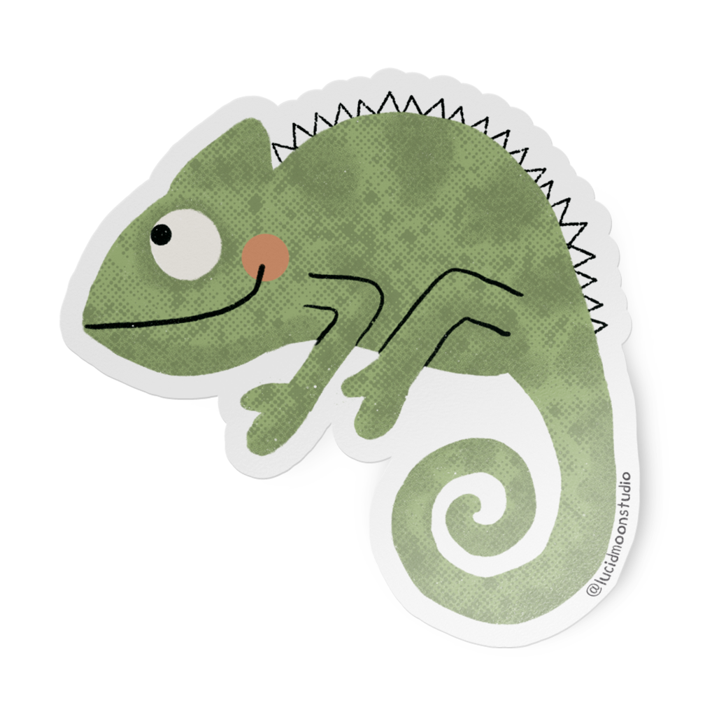 Green chameleon illustration on a white background