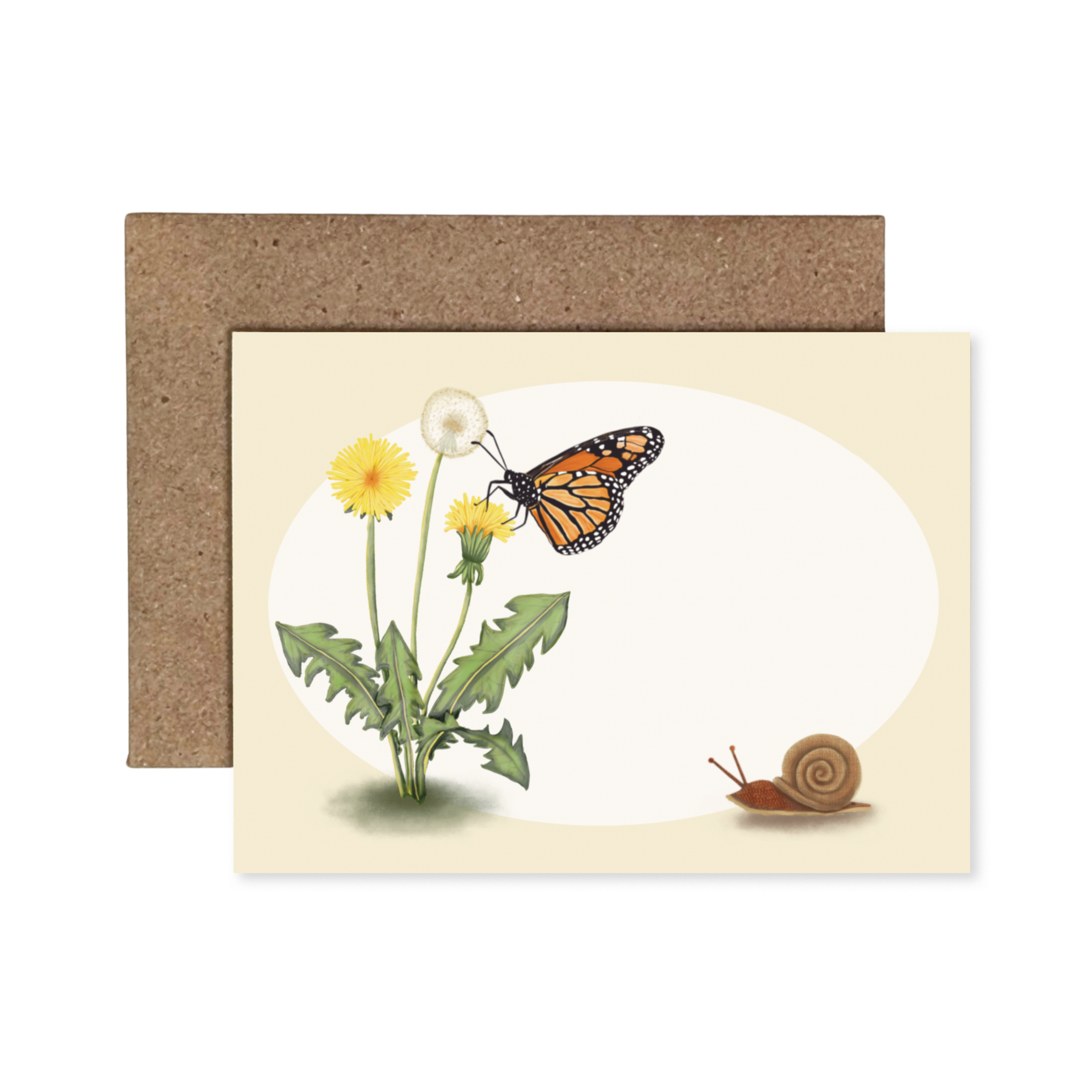 Blank enclosure notecard featuring a hand-illustrated scene of a Monarch butterfly on some dandelions and a charming snail.