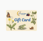 Gift card with nature-themed design featuring a butterfly, flower, frog, and snail on a beige background.