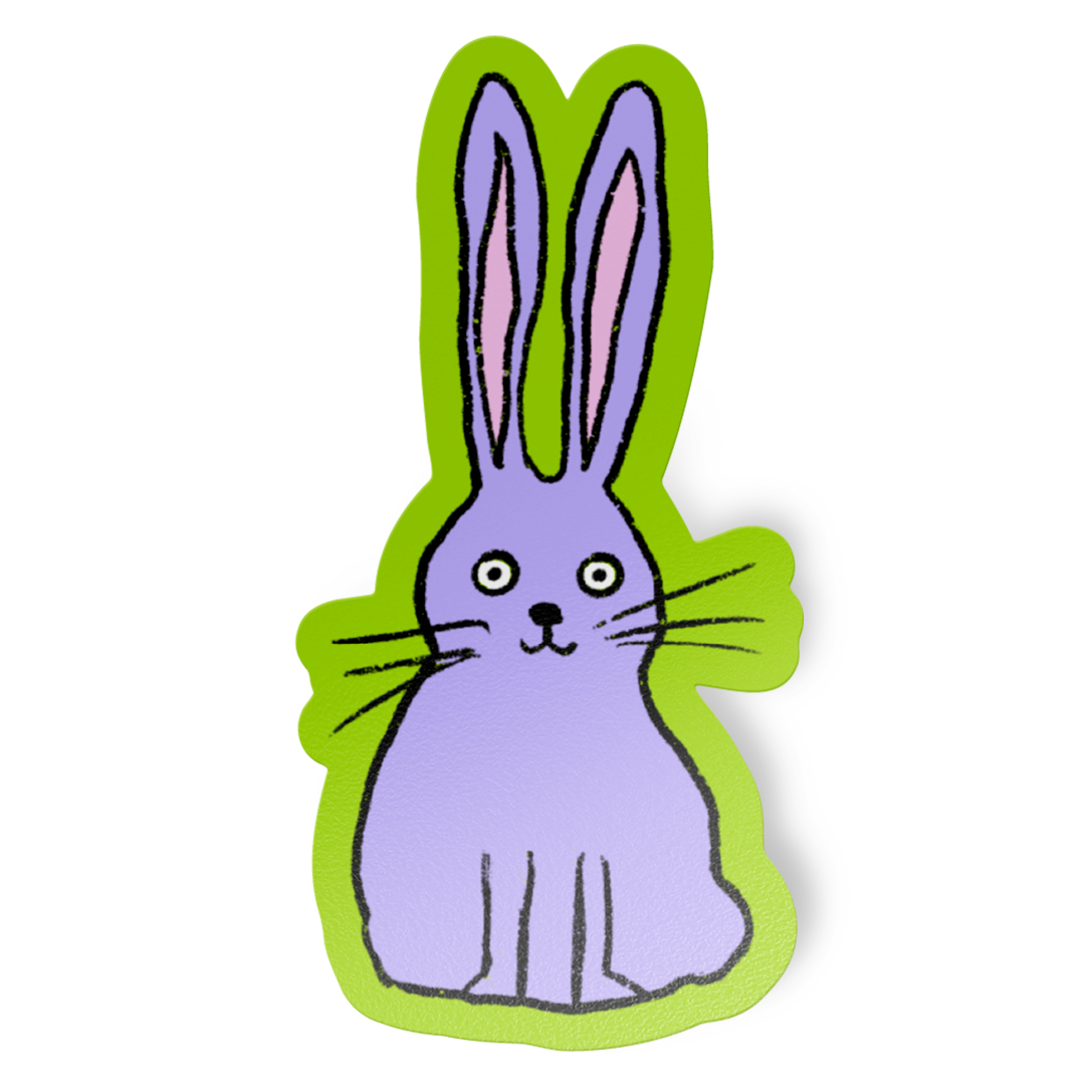 Sticker of a hand-drawn purple rabbit with green background