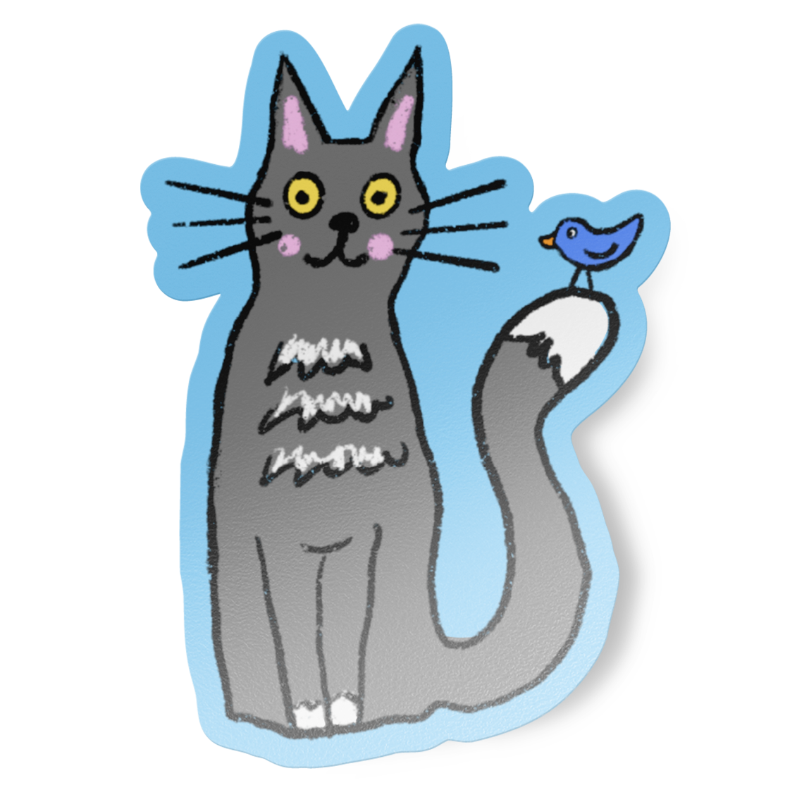 Hand-drawn grey cat with a blue bird on its tail on a sky blue background