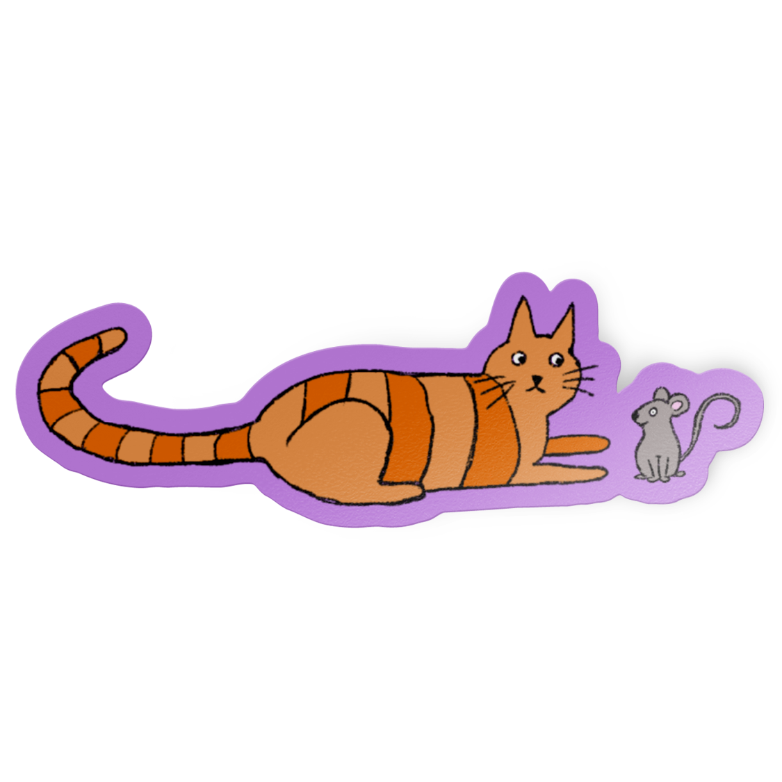 Hand-drawn illustration of an orange cat and grey mouse on a purple background