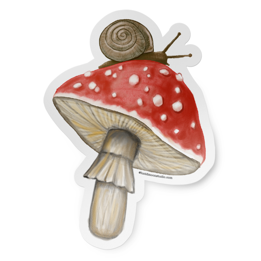 Sticker of a red mushroom with a snail on top on a white background