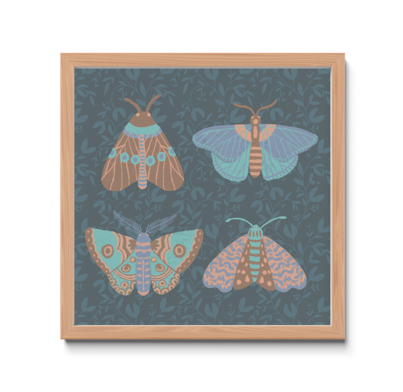 Framed artwork with hand-drawn moths on a blue floral patterned background