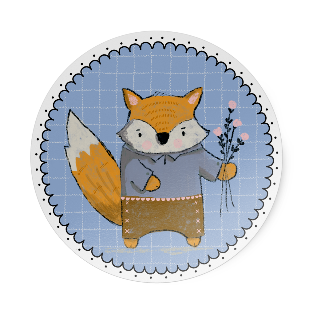 Round sticker with a fox character holding flowers on a blue background