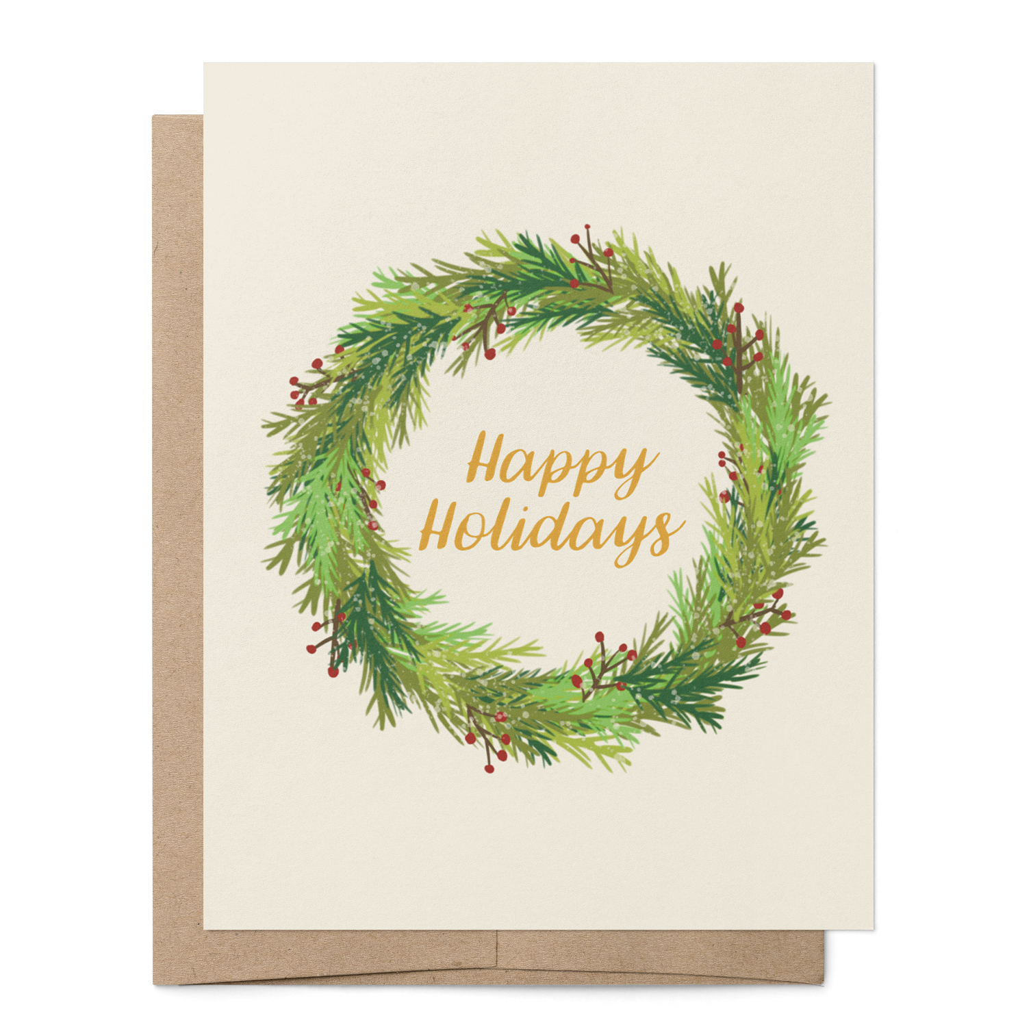 A holiday greeting card with a watercolor green wreath and gold 'Happy Holidays' text, shown with a brown kraft envelope on a white background.