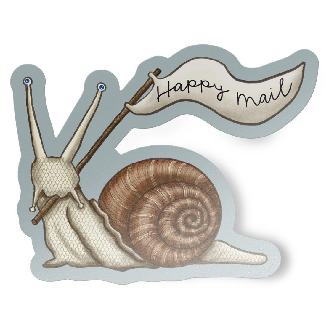 Vinyl sticker featuring a cute illustration of a tan and brown snail holding a flag in its mouth that says Happy Mail on a blue background