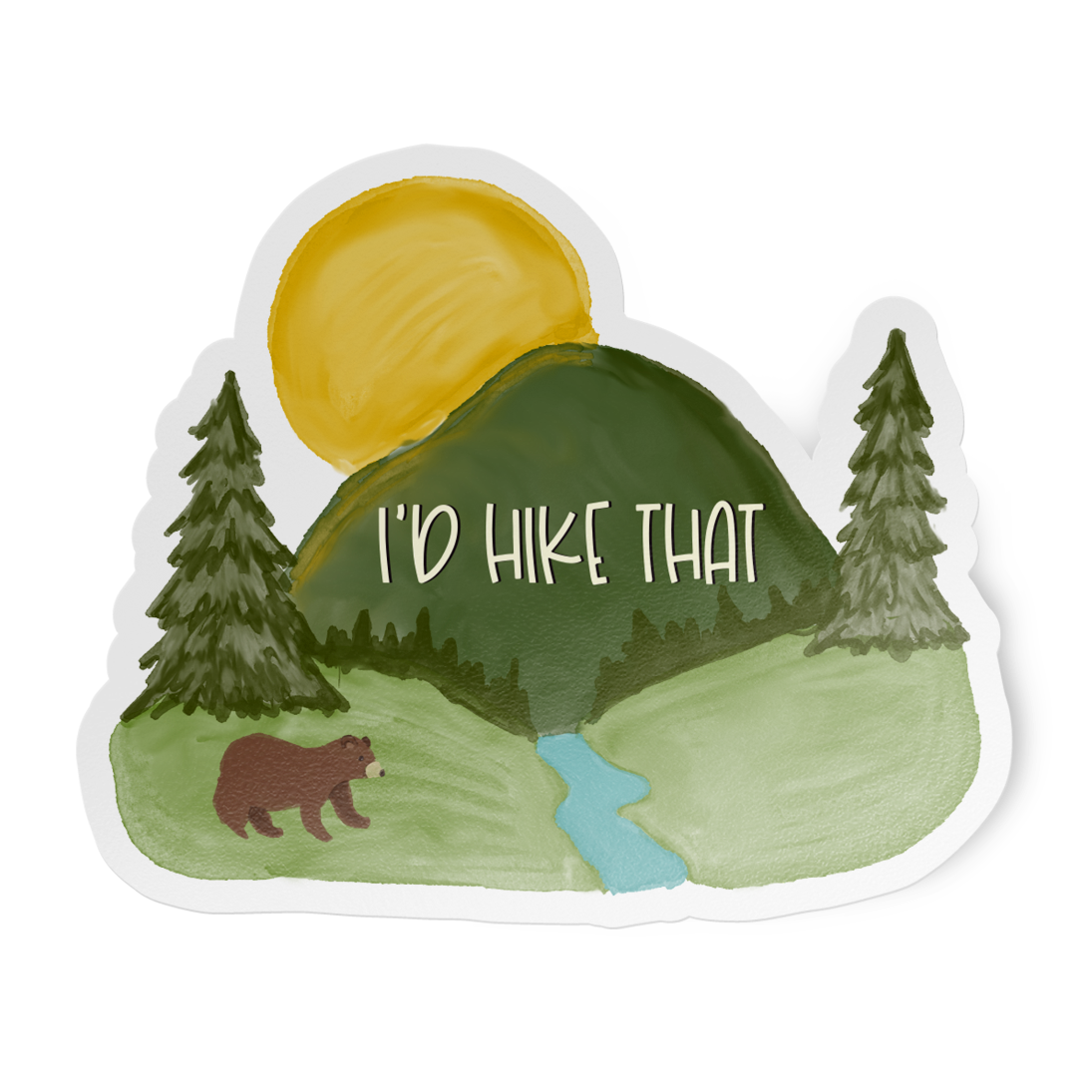 Sticker with a mountain, trees, sun, and bear with 'I'd Hike That' text on a white background