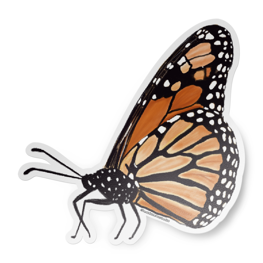 Monarch butterfly sticker with orange, black, and white wings on a white background