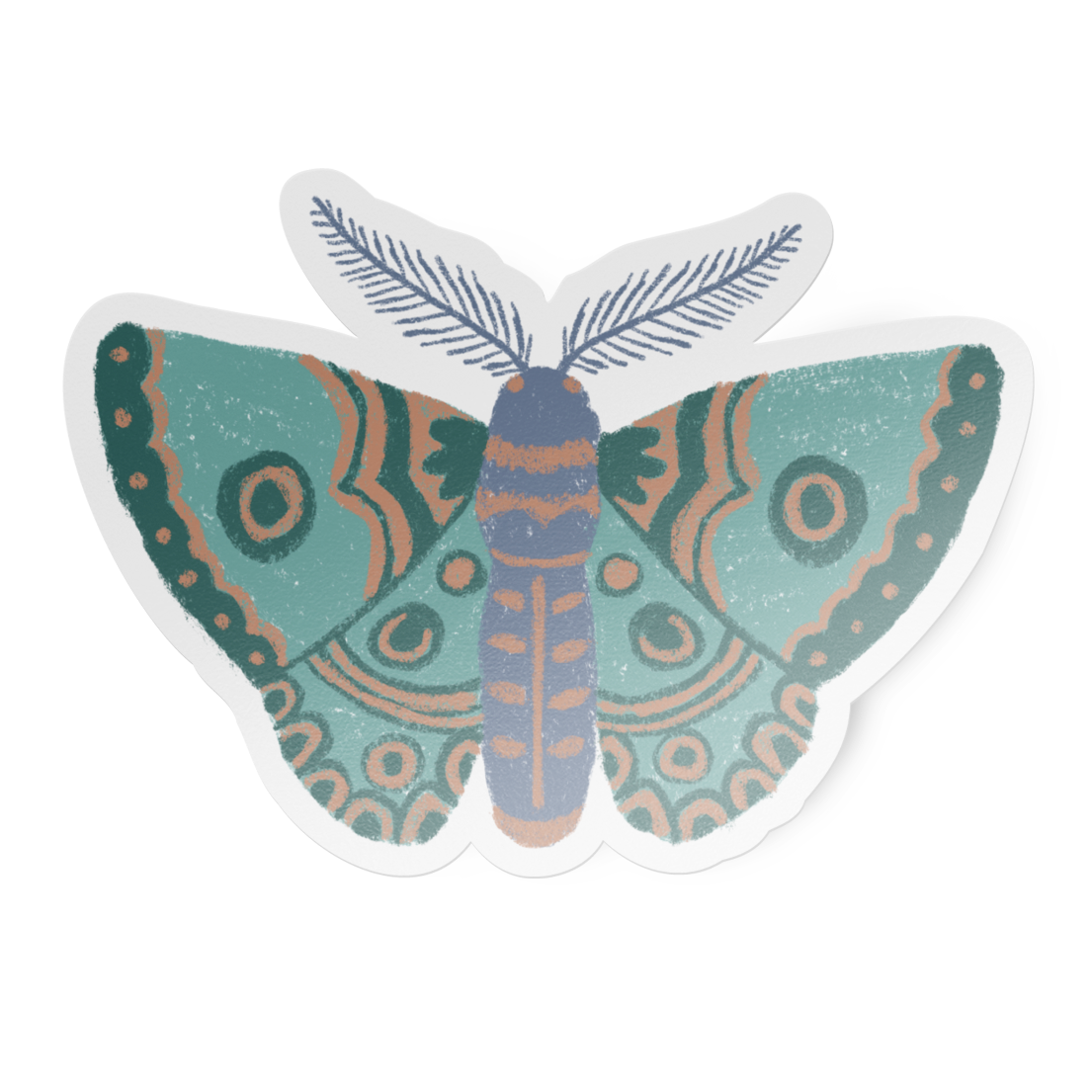 Decorative sticker of a moth with a blue and green pattern on a white background
